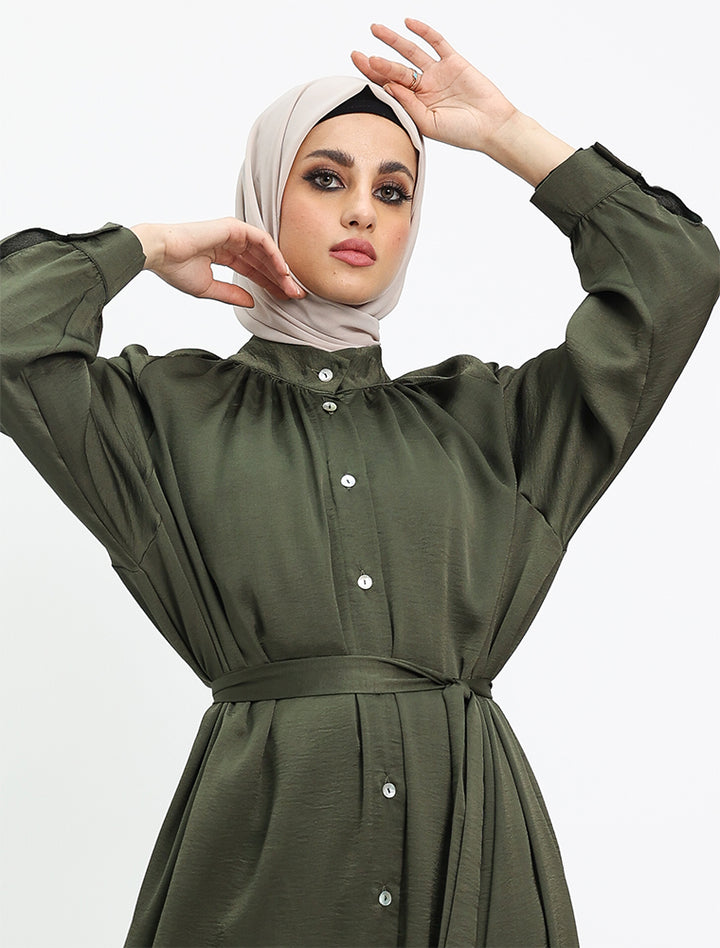 Olive Mandarin Shirt Abaya