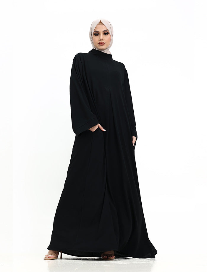Black Pleat Plain Abaya pockets