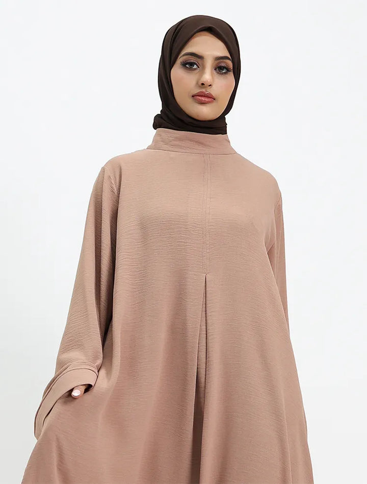 Camel Pleat Plain Abaya close up
