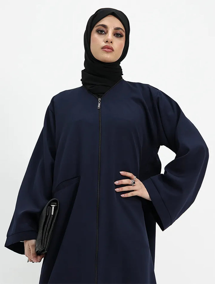 Navy Front Zip Open Abaya close up