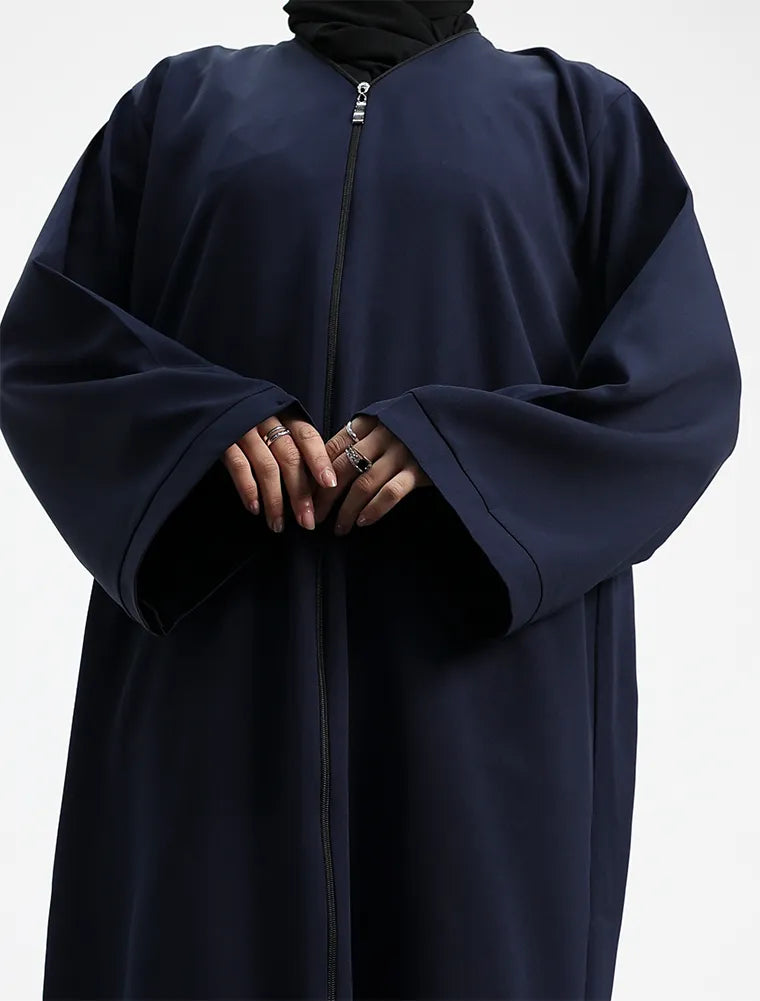 Navy Front Zip Open Abaya close up