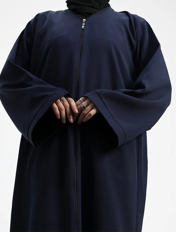 Navy Front Zip Open Abaya close up