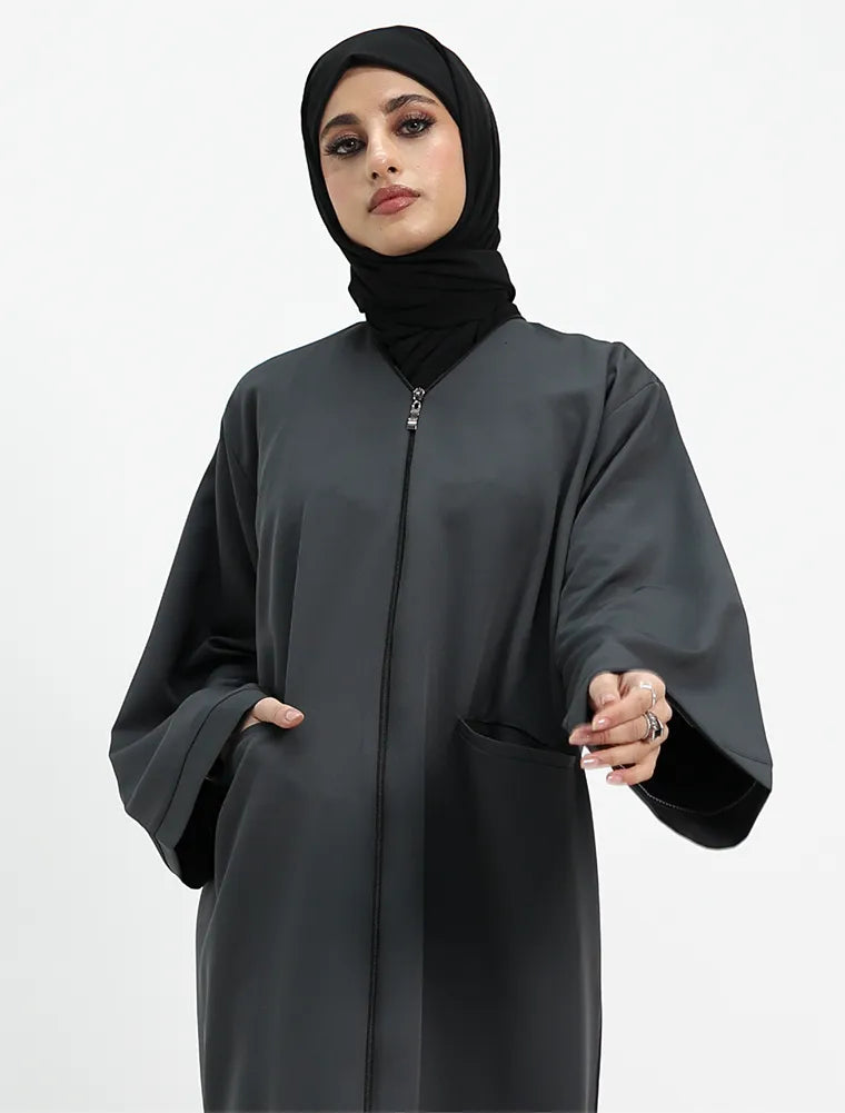 Grey Front Zip Open Abaya close up