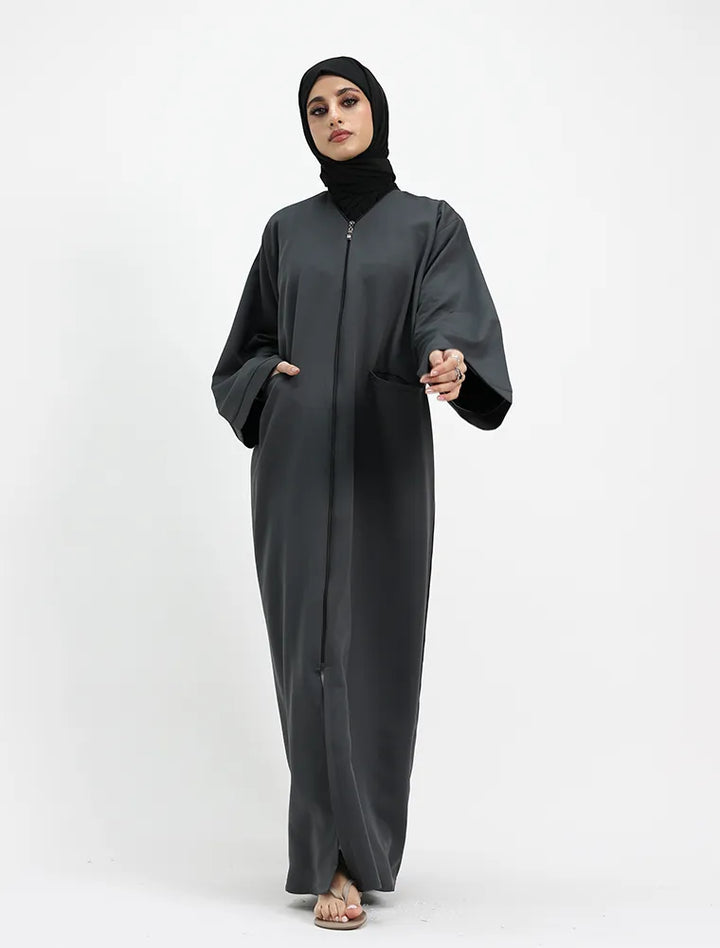 Grey Front Zip Open Abaya winter