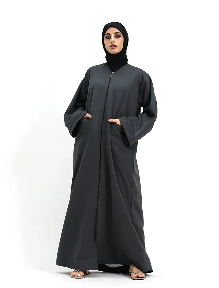 Grey Front Zip Open Abaya