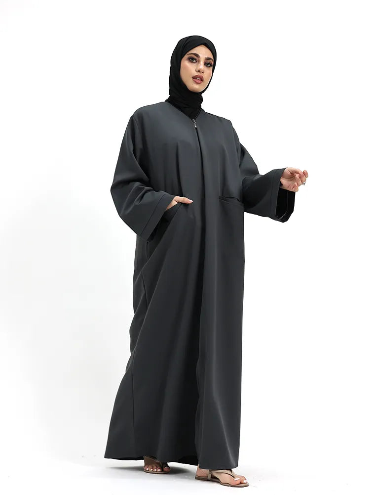 Grey Front Zip Open Abaya modest