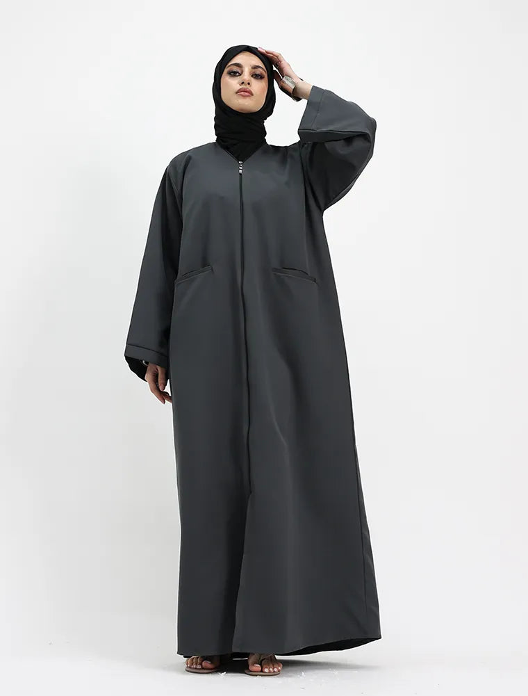 Grey Front Zip Open Abaya autumn