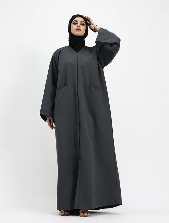 Grey Front Zip Open Abaya autumn