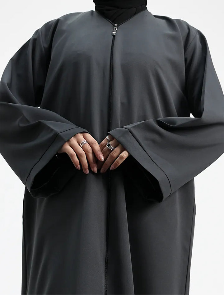 Grey Front Zip Open Abaya mid close up