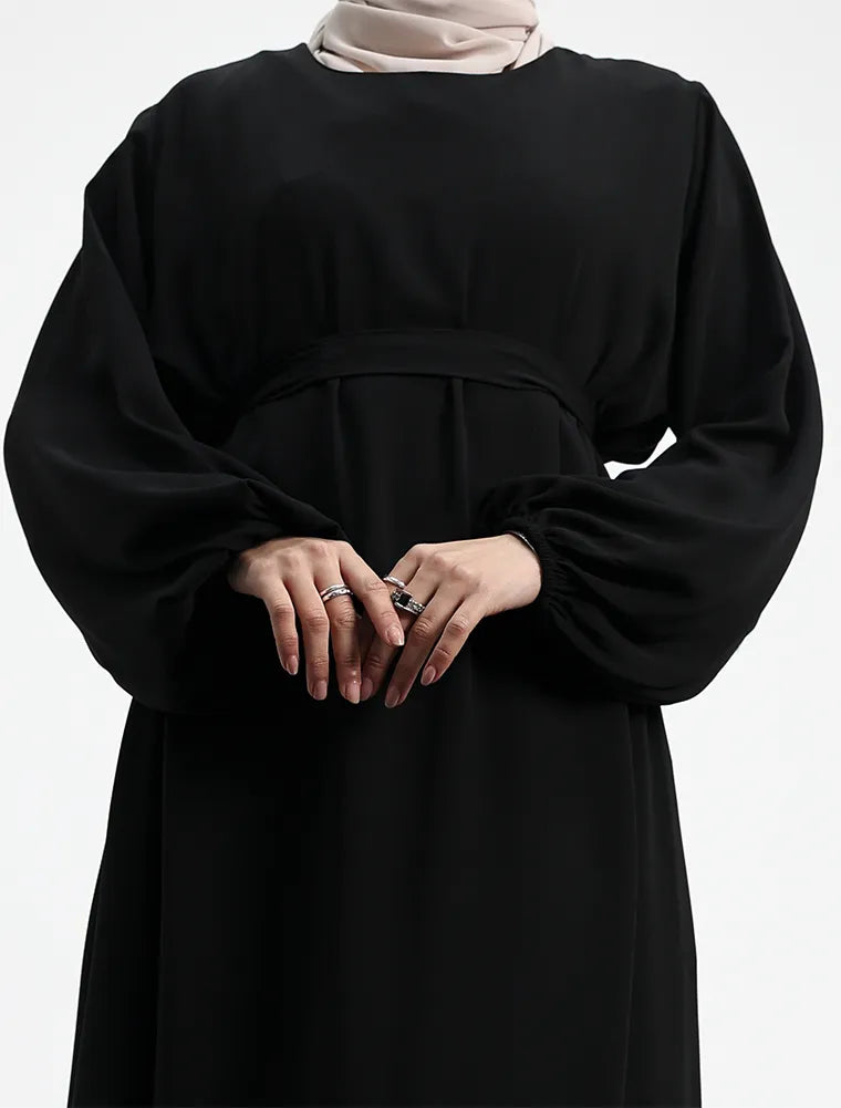 Black Winter Crepe Essential Abaya mid shot
