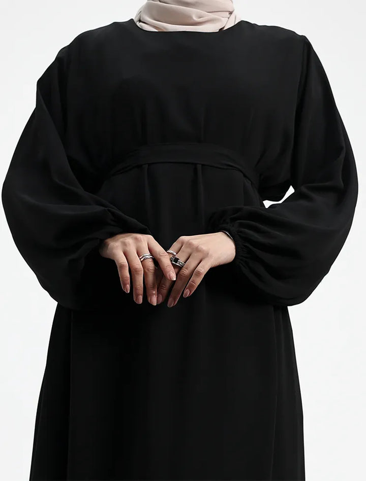 Black Winter Crepe Essential Abaya mid shot
