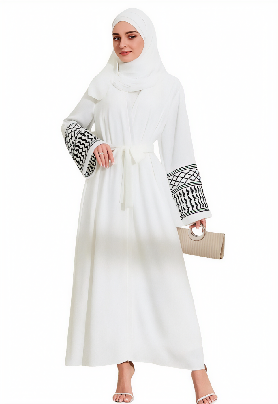 Keffiyeh Sleeve Open Abaya White One Size