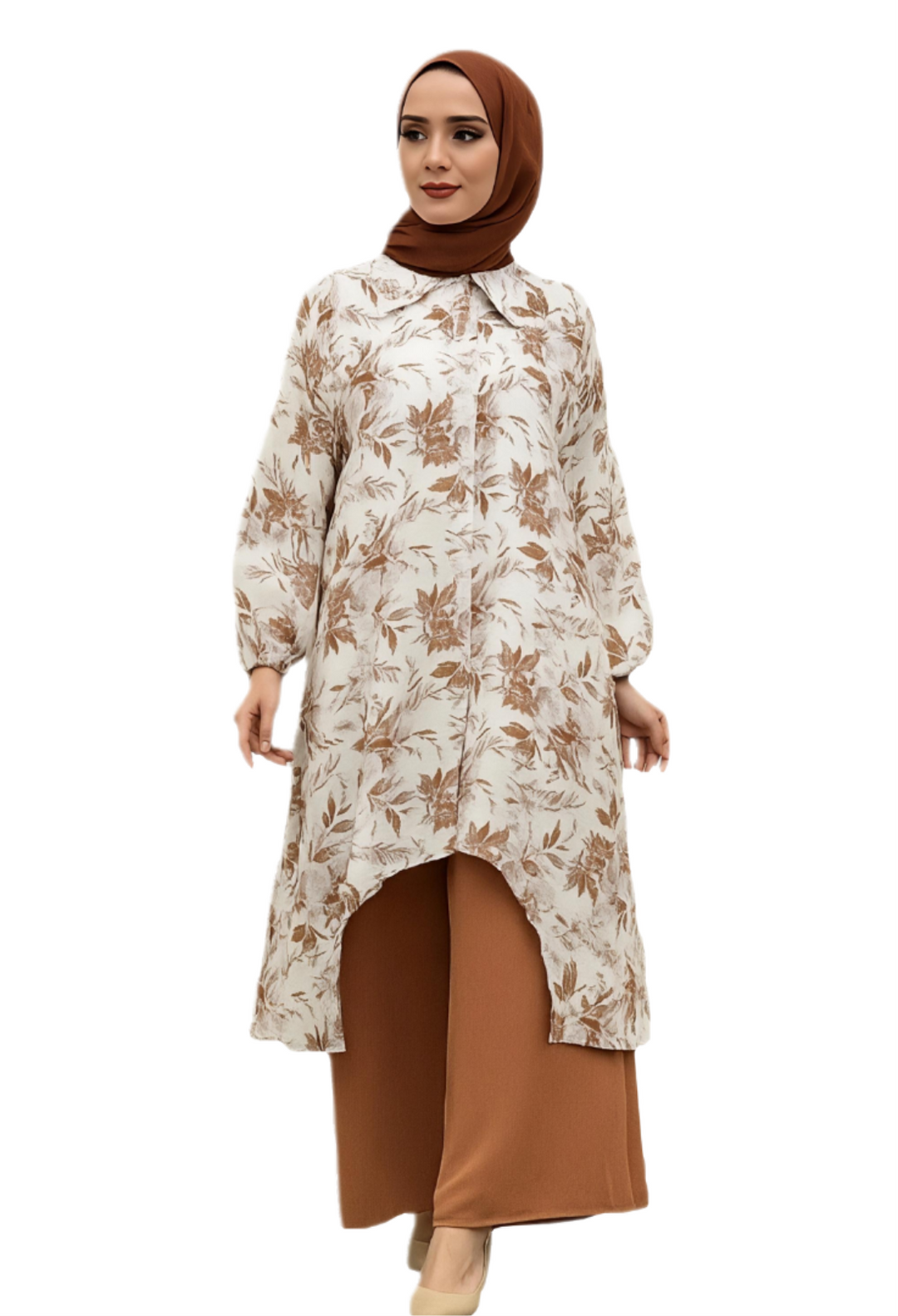 Floral Printed Shirt Dress with Pants brown