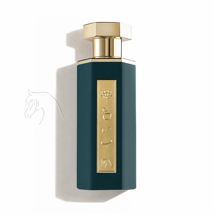 A dark teal hexagonal perfume bottle with a gold cap and a vertical gold label featuring Japanese characters, set against a clean white background with a soft shadow.