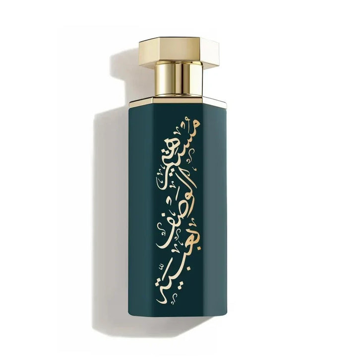 Perfume bottle with gold cap and Arabic text on a white background