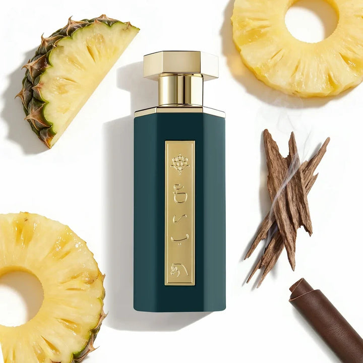 Perfume bottle with pineapple slices and a knife on a white background