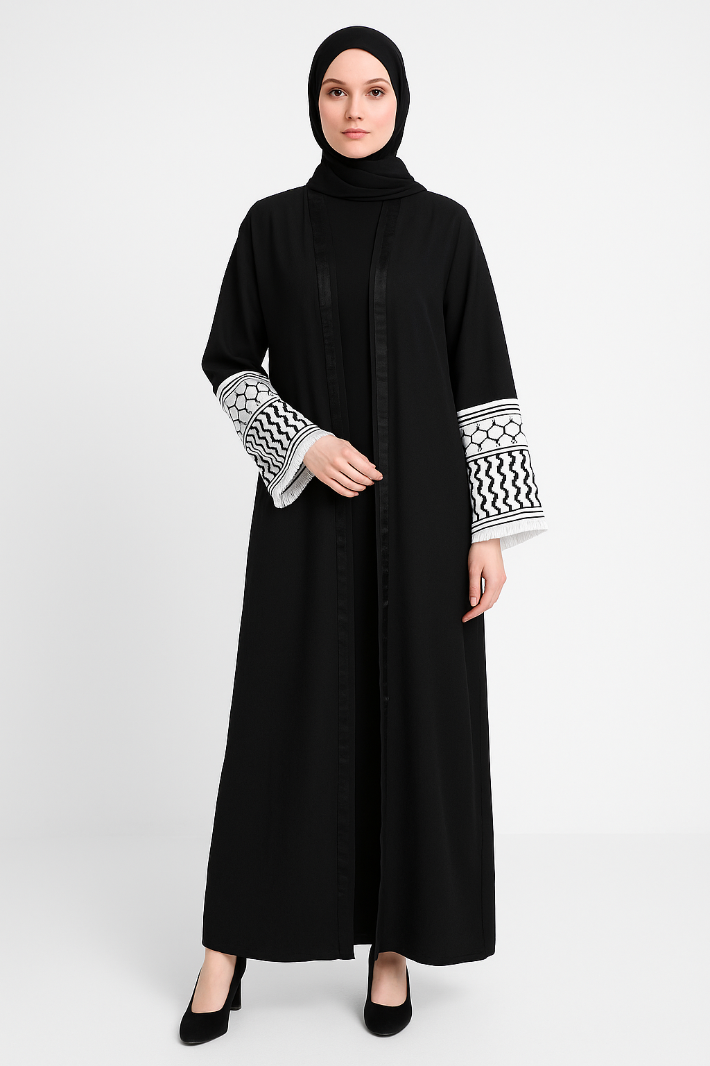 Keffiyeh Sleeve Open Abaya Black One Size palestinian