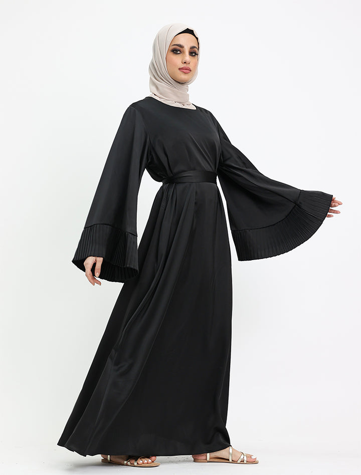 Black Pleat Cuffs Satin Abaya