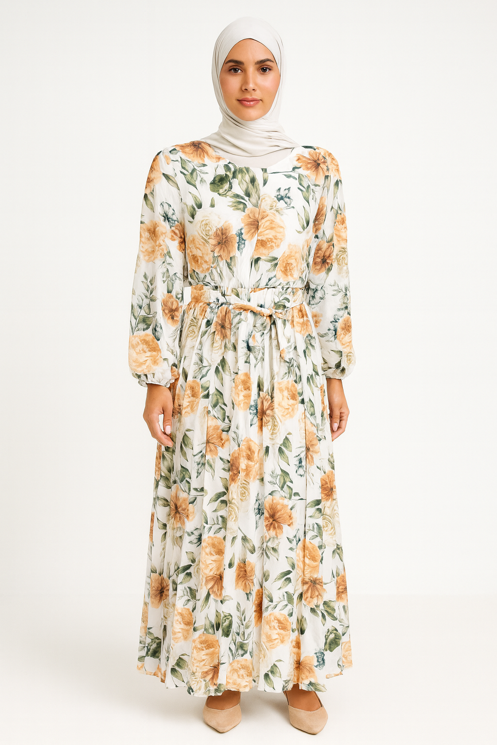 Floral Printed High Waist Dress with Cuffed Sleeve