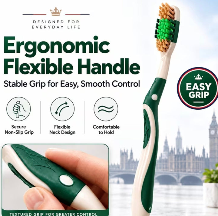 Ergonomic flexible toothbrush with a green and white textured handle, shown alongside marketing text and icons highlighting its comfortable grip, flexible neck, and non-slip design. A hand is pictured holding the textured green and white handle in an inset image.