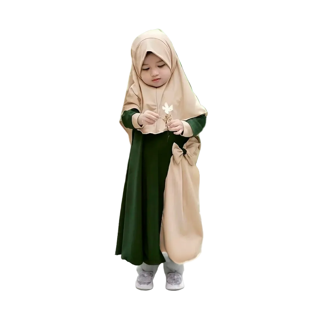 Kids Dark Green/Beige 2 piece Abaya Set
