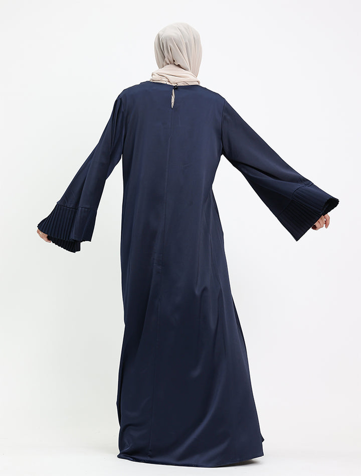 Navy Pleat Cuffs Satin Abaya