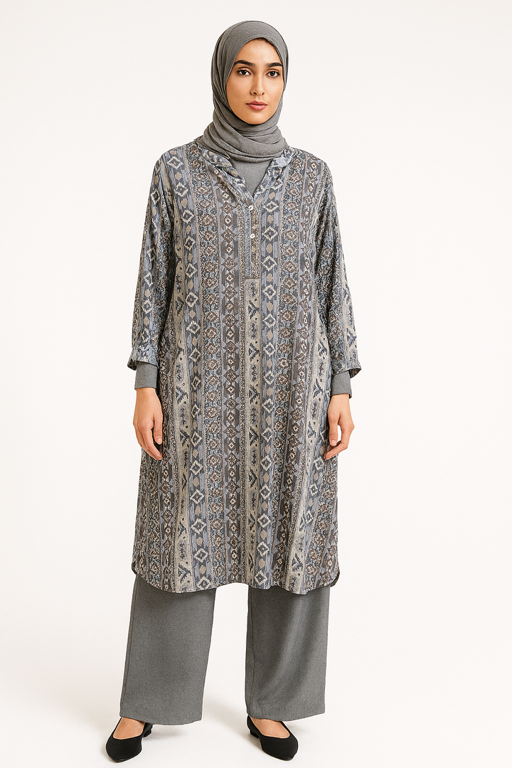 Elegant Printed Shirt Dress with Pants