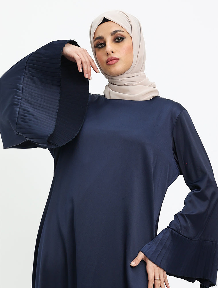 Navy Pleat Cuffs Satin Abaya