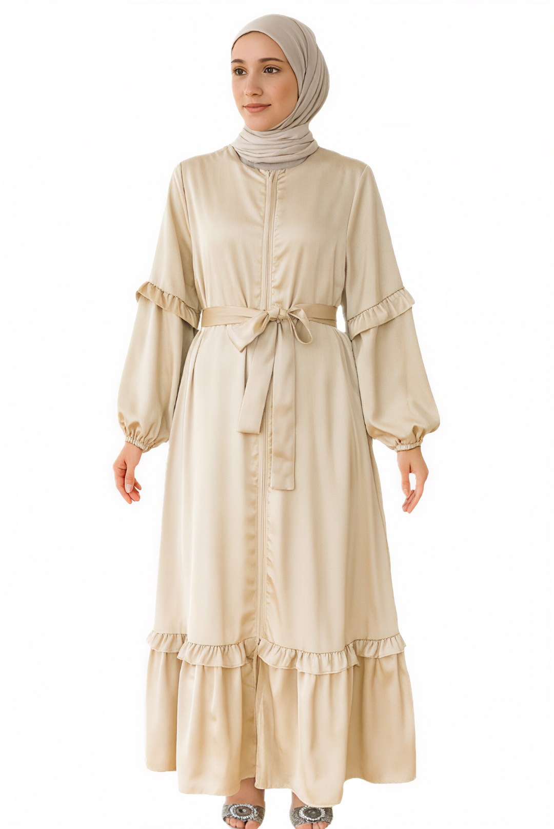 Elegant Zip Ruffle Dress One Size Beige