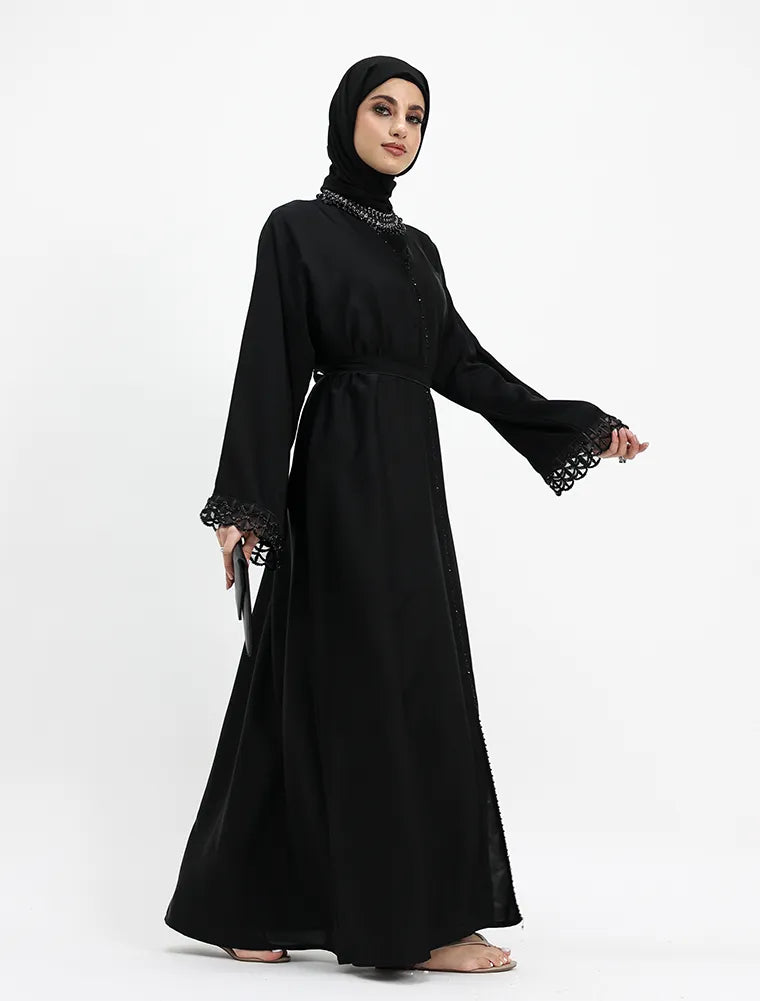 Embellished Luxury Buttoned Bkack Abaya (ZA569)