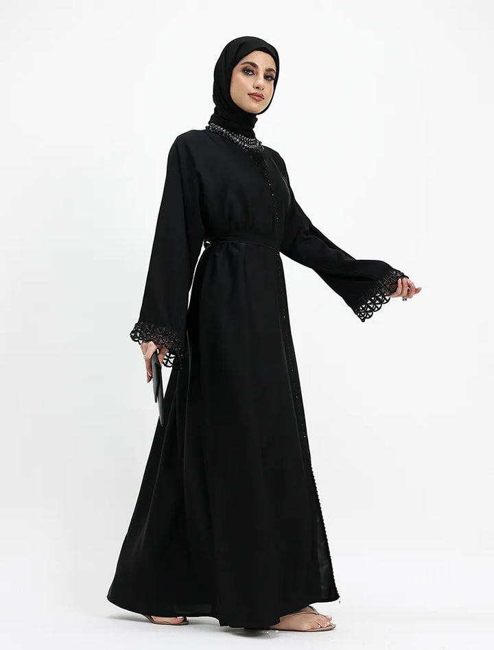 Embellished Luxury Buttoned Bkack Abaya (ZA569)