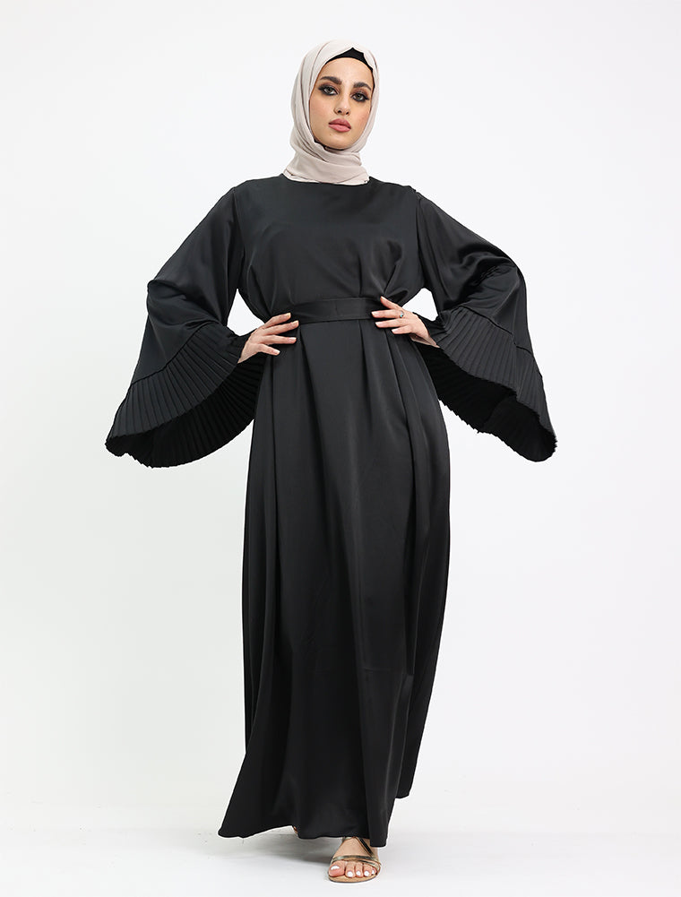 Black Pleat Cuffs Satin Abaya