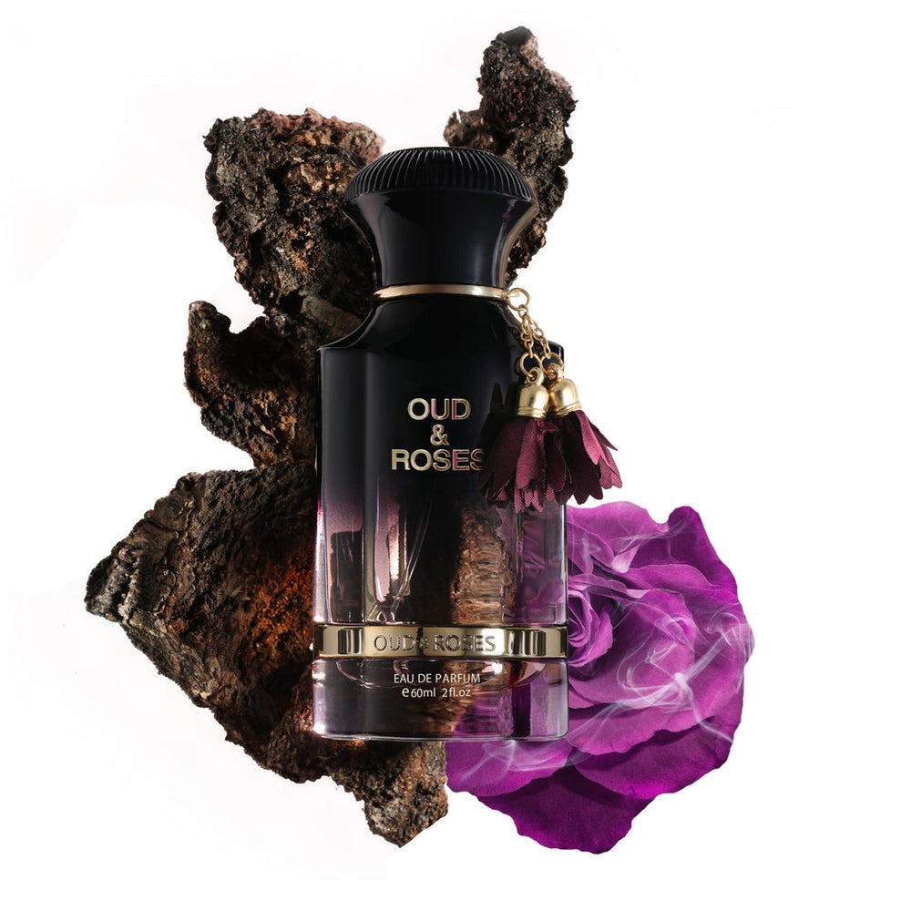 Perfume bottle labeled 'Oud & Roses' with a purple rose and textured rock background