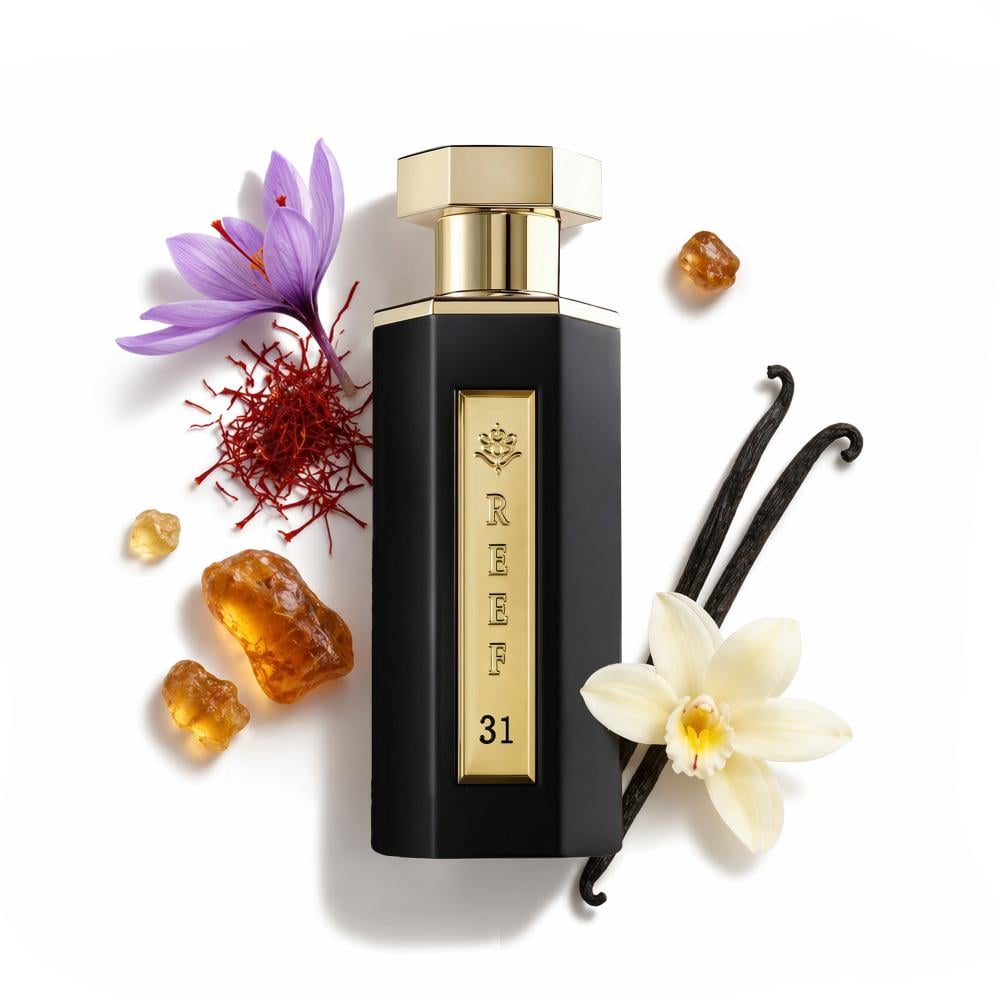 Perfume bottle with flowers and spices on a white background