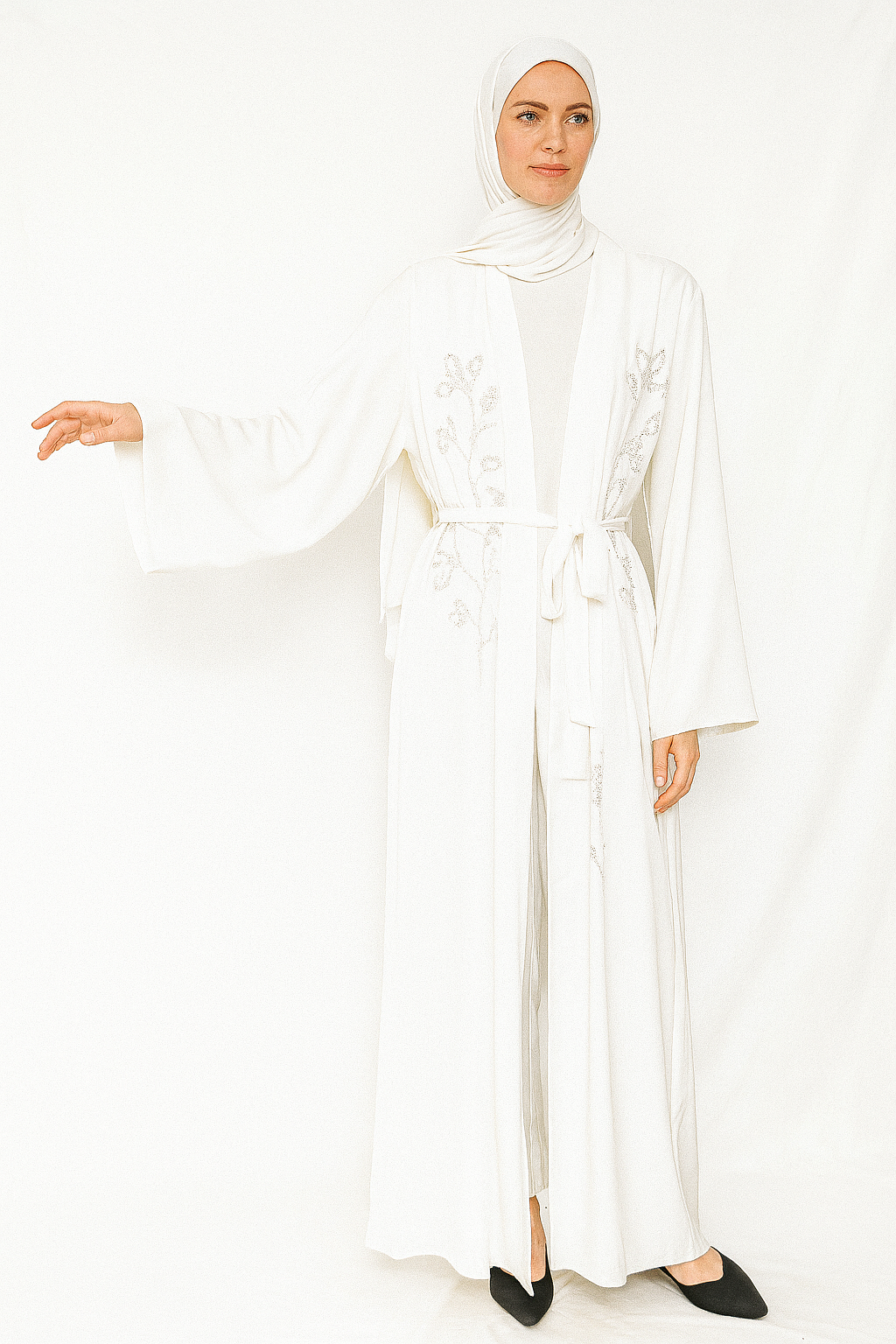 Floral Beaded Open Dress Abaya One Size