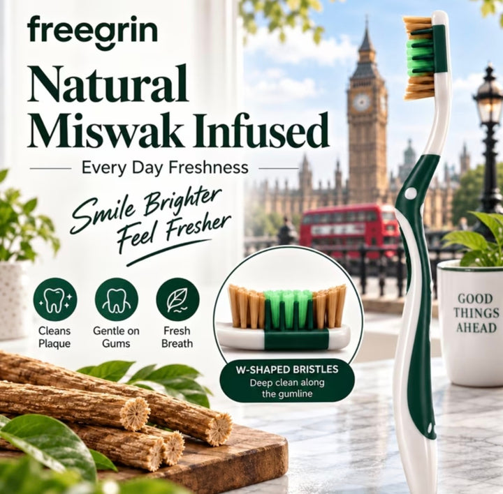 Freegrin Natural Miswak Infused toothbrush shown in a promotional graphic with London scenery in the background, miswak sticks, and text highlighting benefits like plaque cleaning, gentle on gums, and fresh breath.