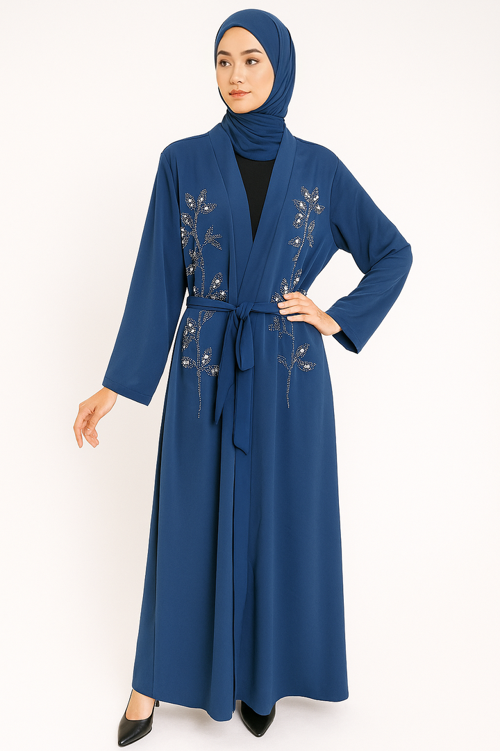 Floral Beaded Open Dress Abaya One Size