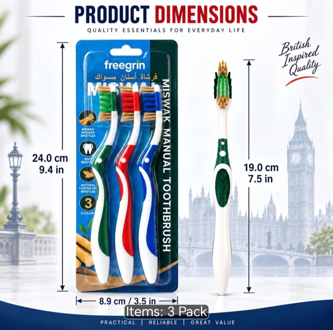 A product dimension graphic for a freegrin 3-pack of manual toothbrushes. The image shows the retail blister packaging on the left with dimensions labeled. 3 pack