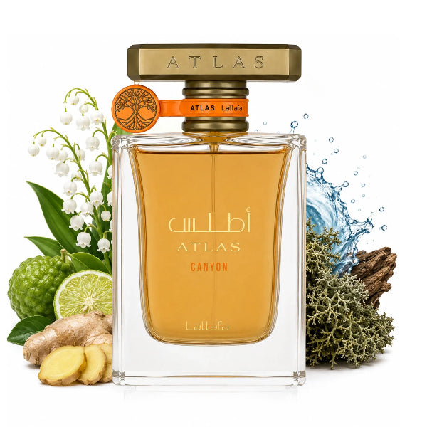 A clear rectangular perfume bottle filled with amber liquid, labeled Atlas Canyon and Lattafa, centered on a white background with fragrance-themed props including white flowers, green fruit, ginger, and blue water splash elements.