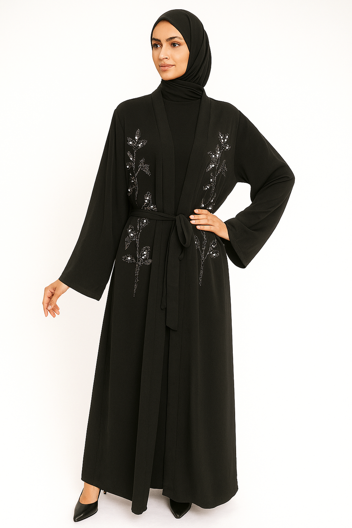 Floral Beaded Open Dress Abaya One Size