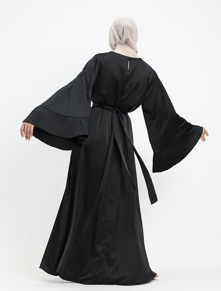 Black Pleat Cuffs Satin Abaya