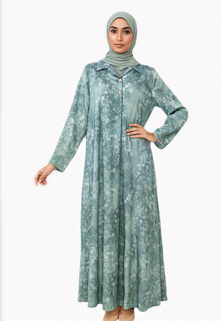 Floral Printed Collared Abaya Dress One Size