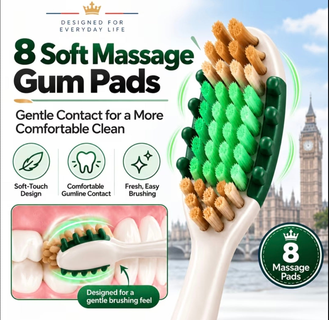 Promotional graphic for 8 soft massage gum pads, showing a close-up of a toothbrush with green and tan massage bristles, a London background, and text highlighting gentle contact, comfortable gumline contact, and fresh easy brushing.
