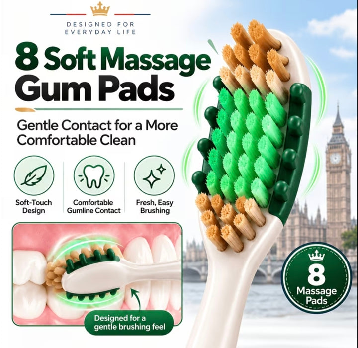 Promotional graphic for 8 soft massage gum pads, showing a close-up of a toothbrush with green and tan massage bristles, a London background, and text highlighting gentle contact, comfortable gumline contact, and fresh easy brushing.