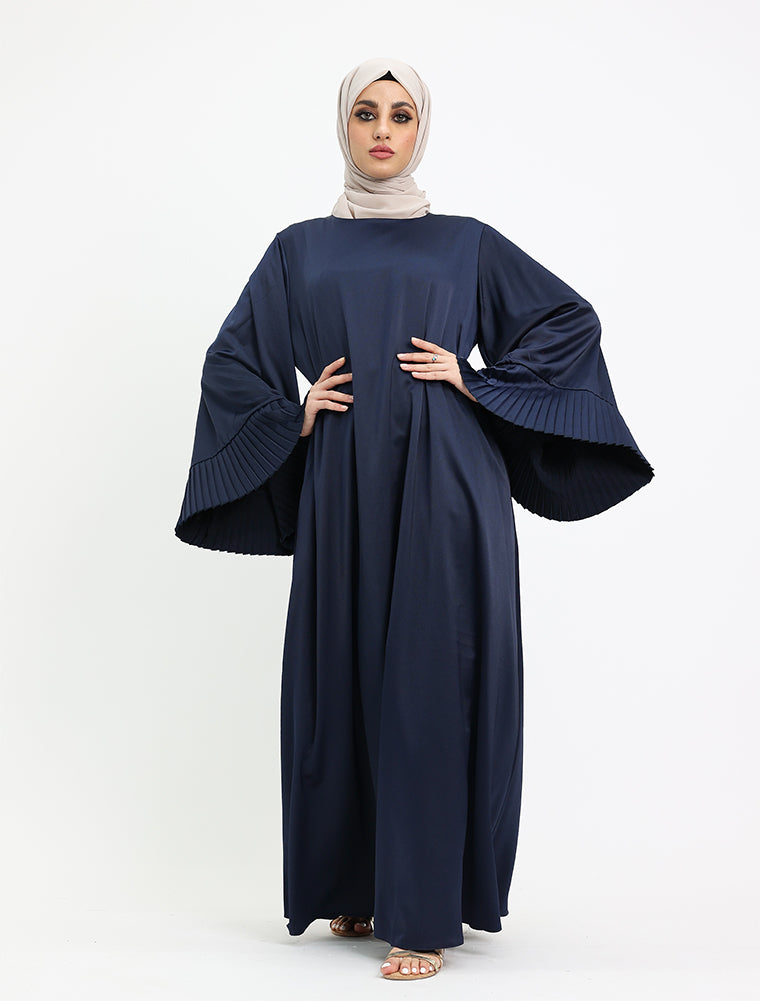 Navy Pleat Cuffs Satin Abaya