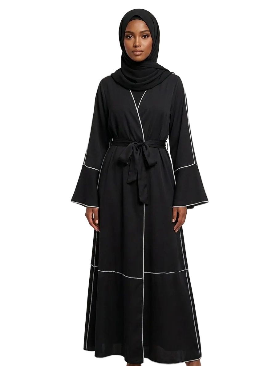Arab Stitched Design Open Black Abaya - One Size