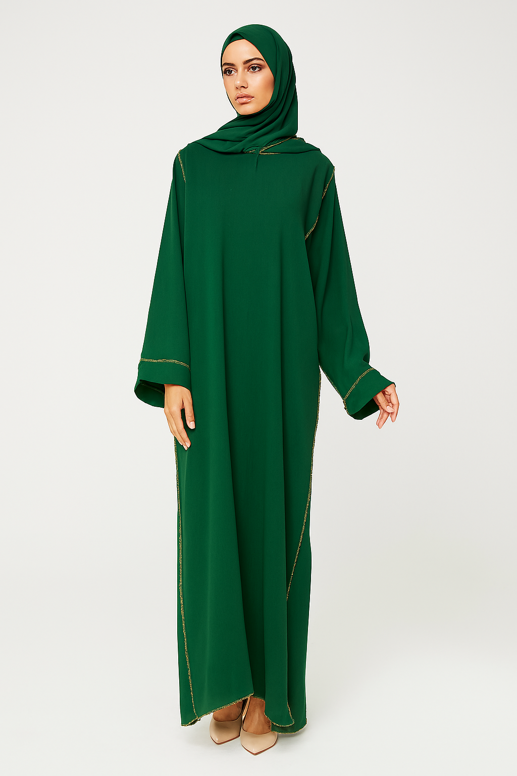 Gold Stitch Abaya with Attached Scarf One Size