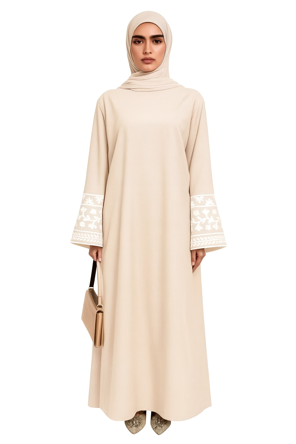Embroidered Ornate Sleeve Open Abaya Beige