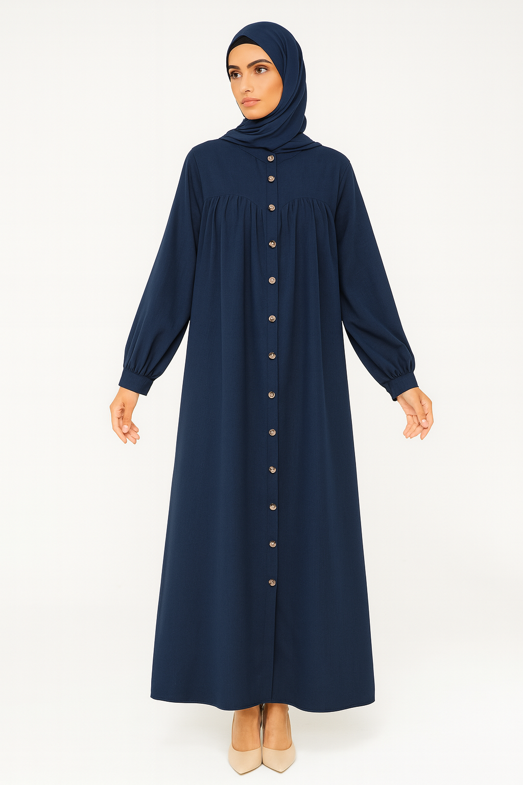 Smart Buttoned Dress Abaya One Size Navy