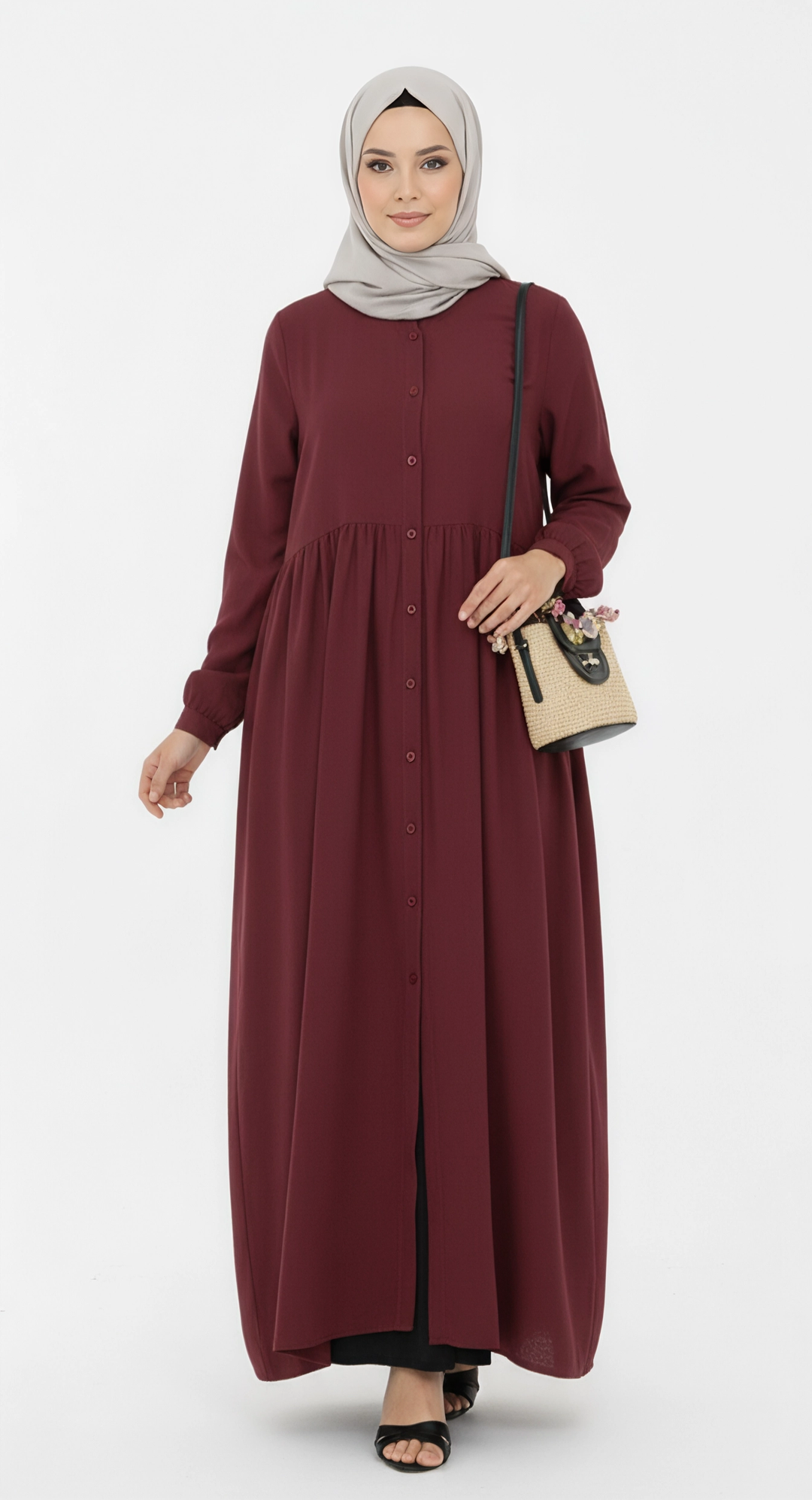 Full Length Shirt Dress Abaya Burgundy - One Size